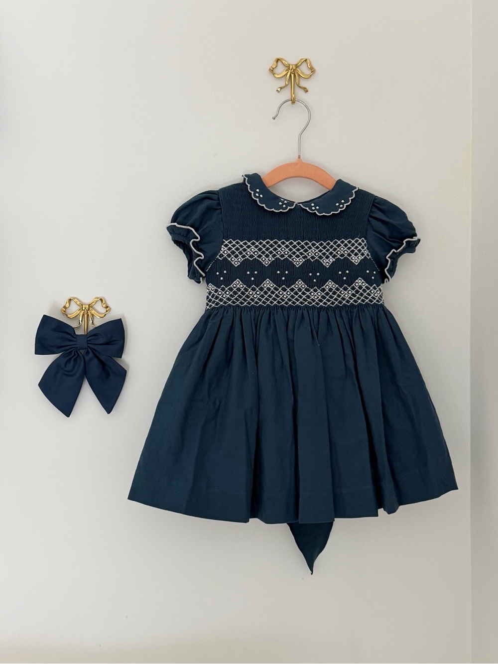 Pepa London Navy Smocked Peter Pan Collar Kids Dress with Matching Bow